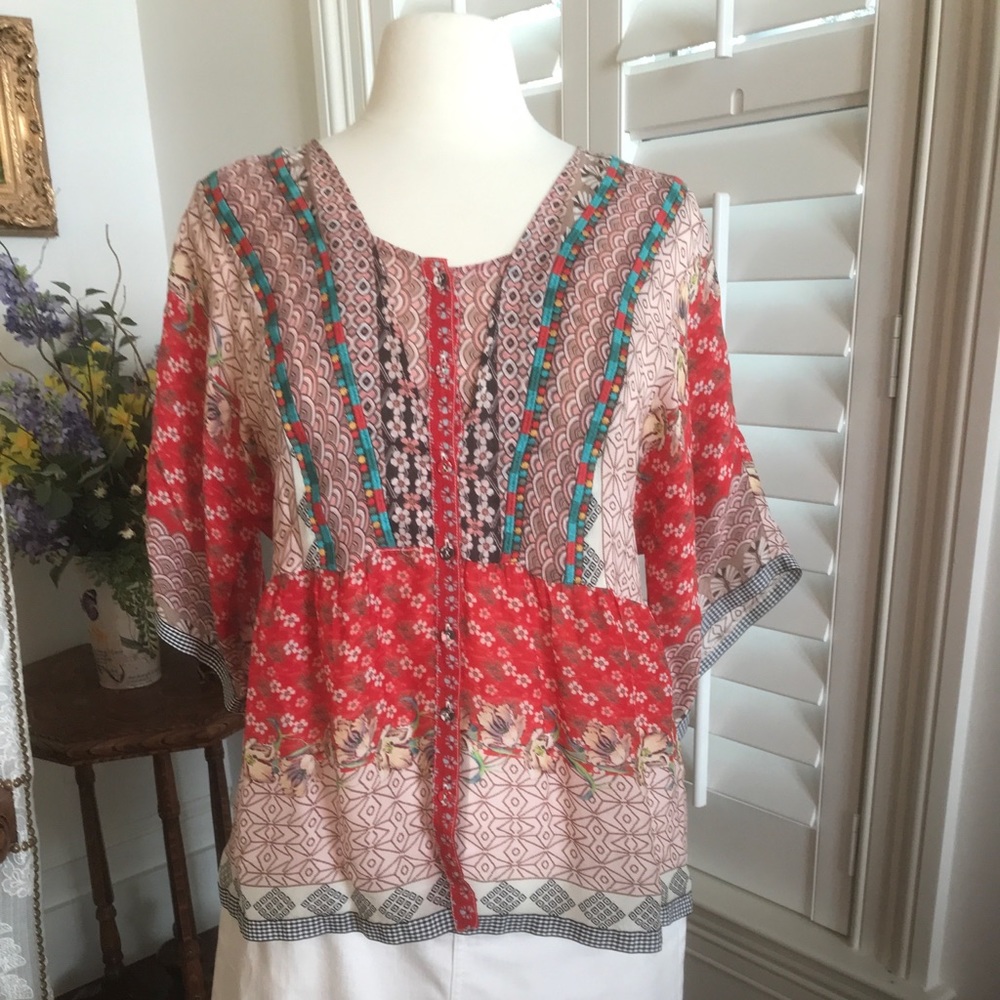 Johnny Was Zado Embroidered Button Down Top Medium New with Tags